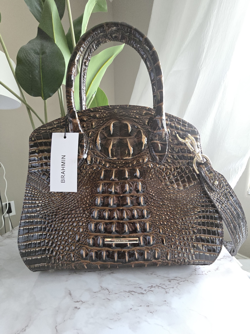 NWT Brahmin Rosetta Satchel Chocolate Melbourne Croc Embossed W/ Shoulder Strap - Picture 16 of 16